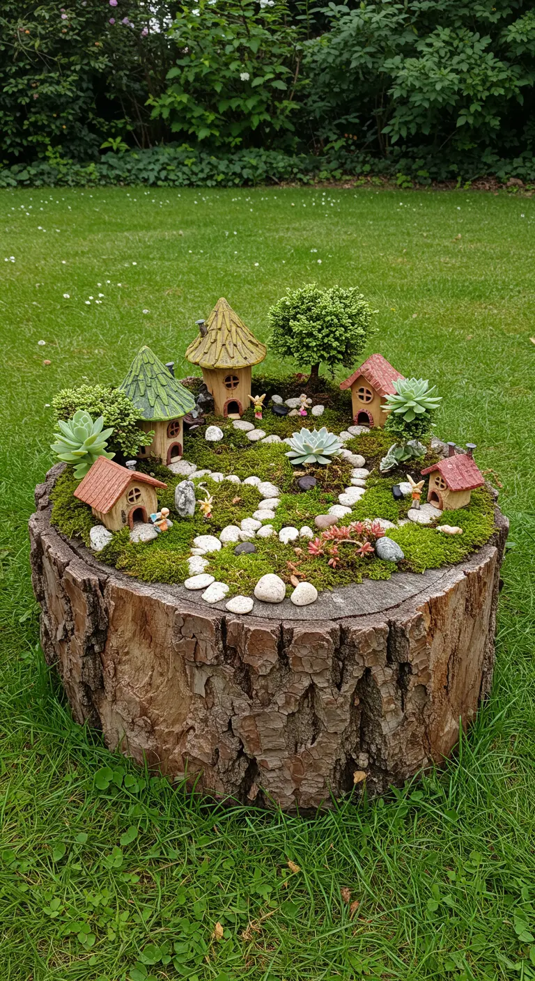 Miniatuur elfendorpje met huisjes en vetplanten op een grote boomstronk.