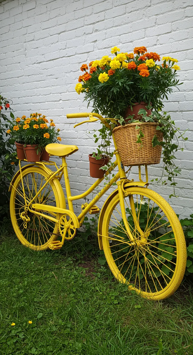 Knalgele fiets vol met oranje en gele bloemen, geparkeerd in het gras tegen een witte muur.