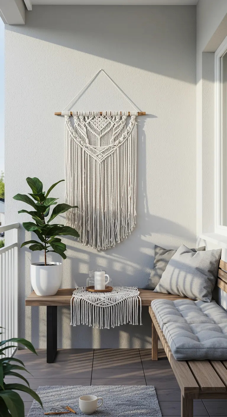 Modern balkon met een groot macramé wandkleed boven een houten bankje.