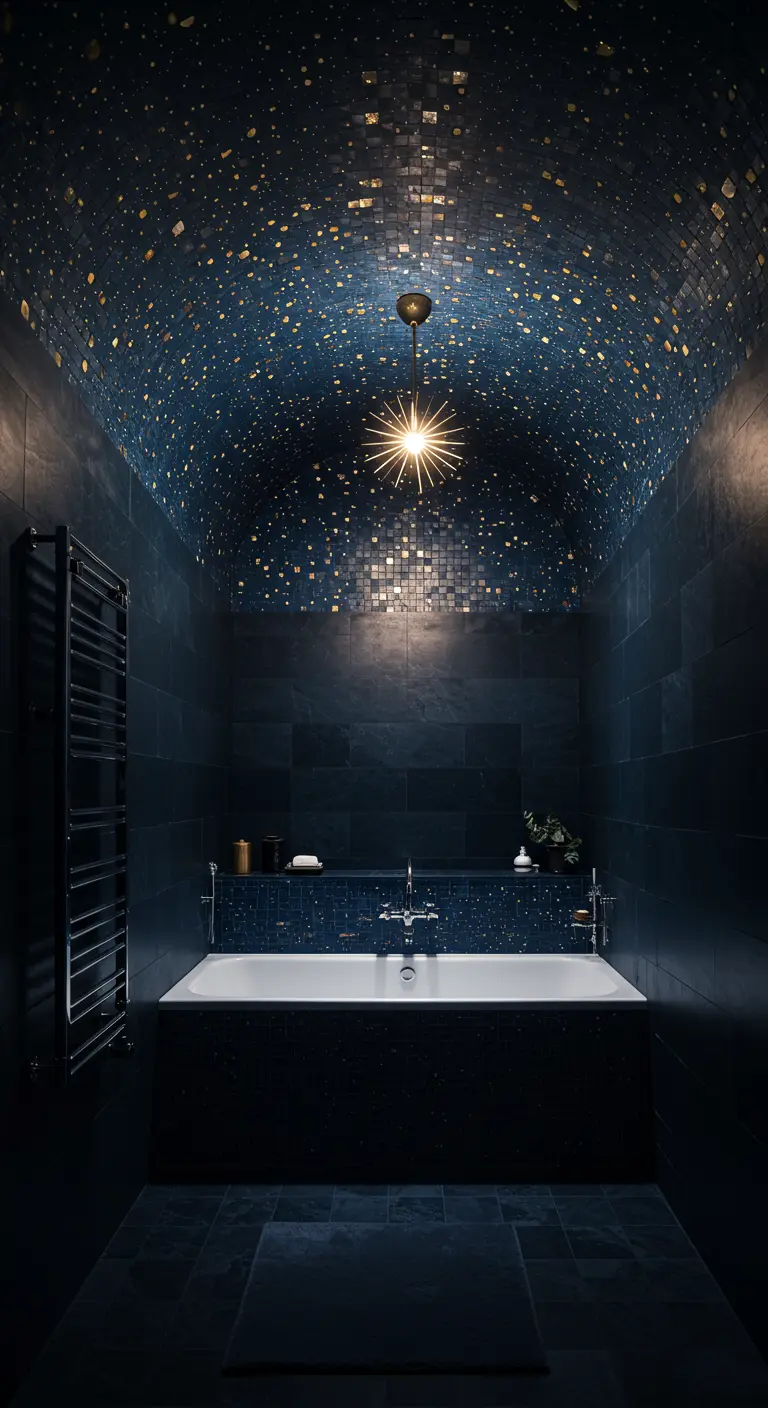 Donkerblauwe badkamer met een gewelfd plafond bedekt met mozaïek met gouden accenten.