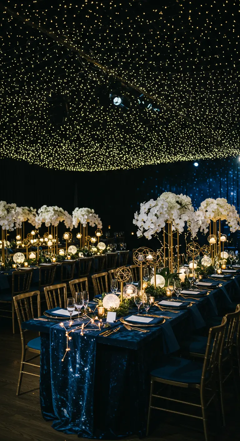 Lange dinertafels met donkerblauw fluweel en gouden stoelen onder een plafond vol lichtjes.