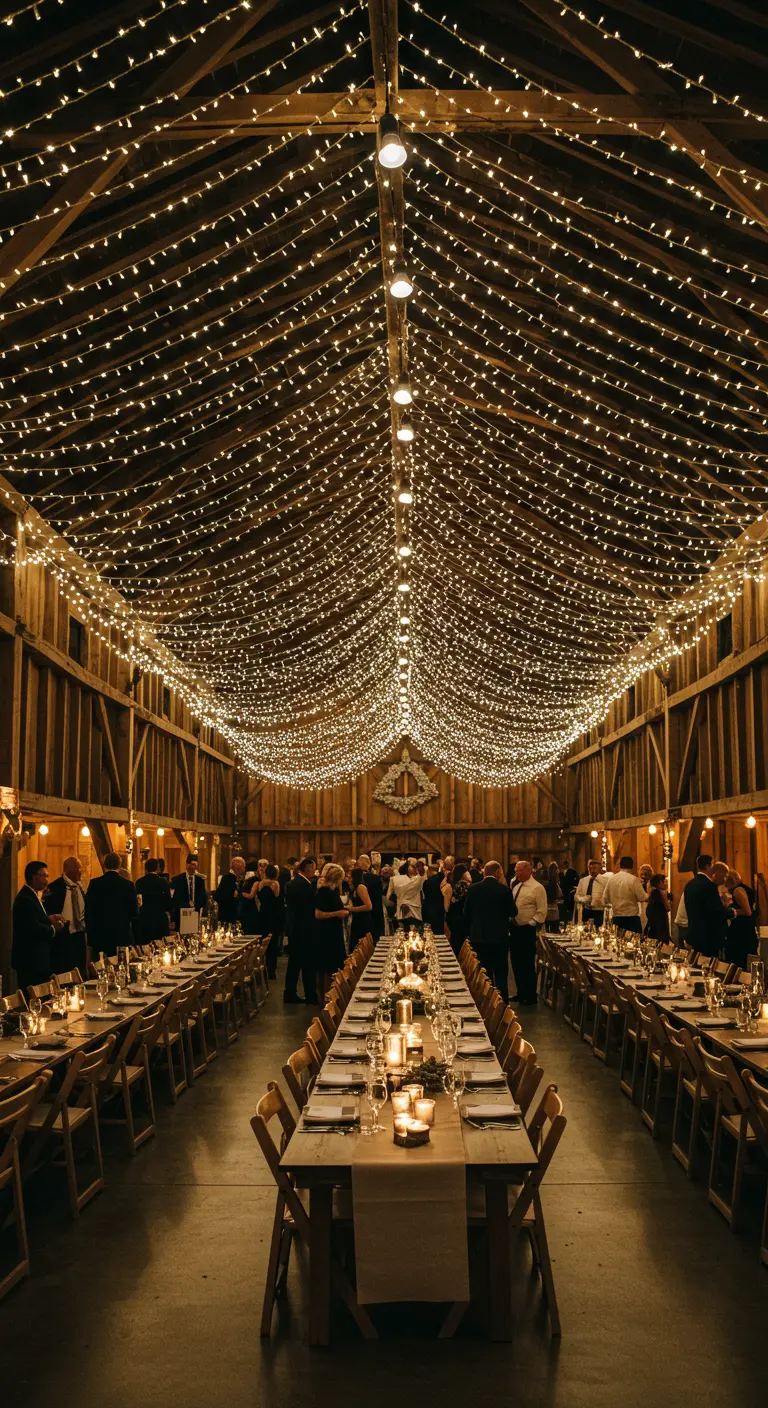 Rustieke schuur met een plafond vol warme sprookjesverlichting boven lange dinertafels.
