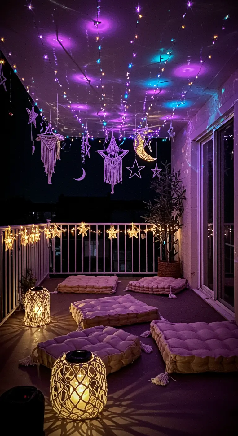 Balkon 's nachts versierd met paarse en blauwe lichtslingers en macramé hangers.
