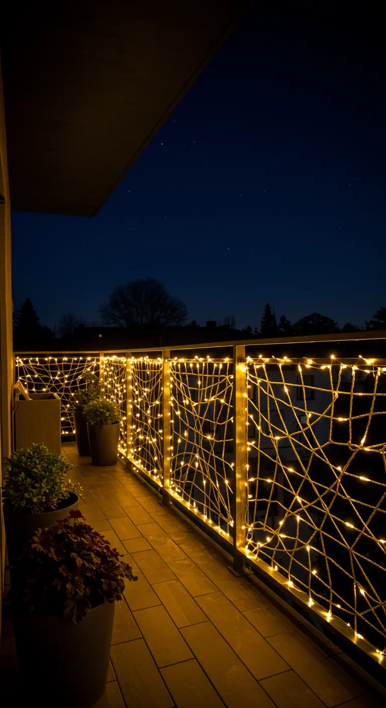 Balkonhek 's nachts volledig omwikkeld met een web van warmwitte lichtjes.