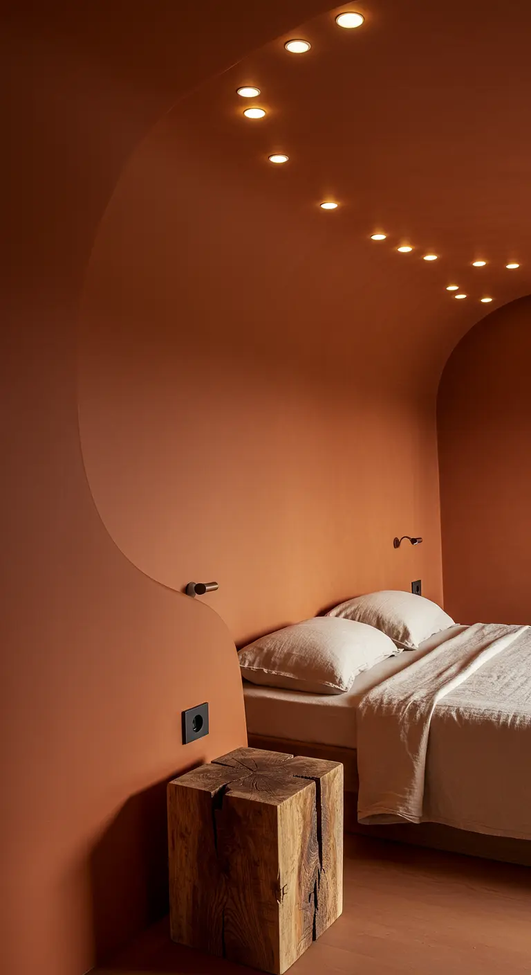 Slaapkamer met terracotta muren, een gebogen plafond en willekeurig geplaatste inbouwspots.