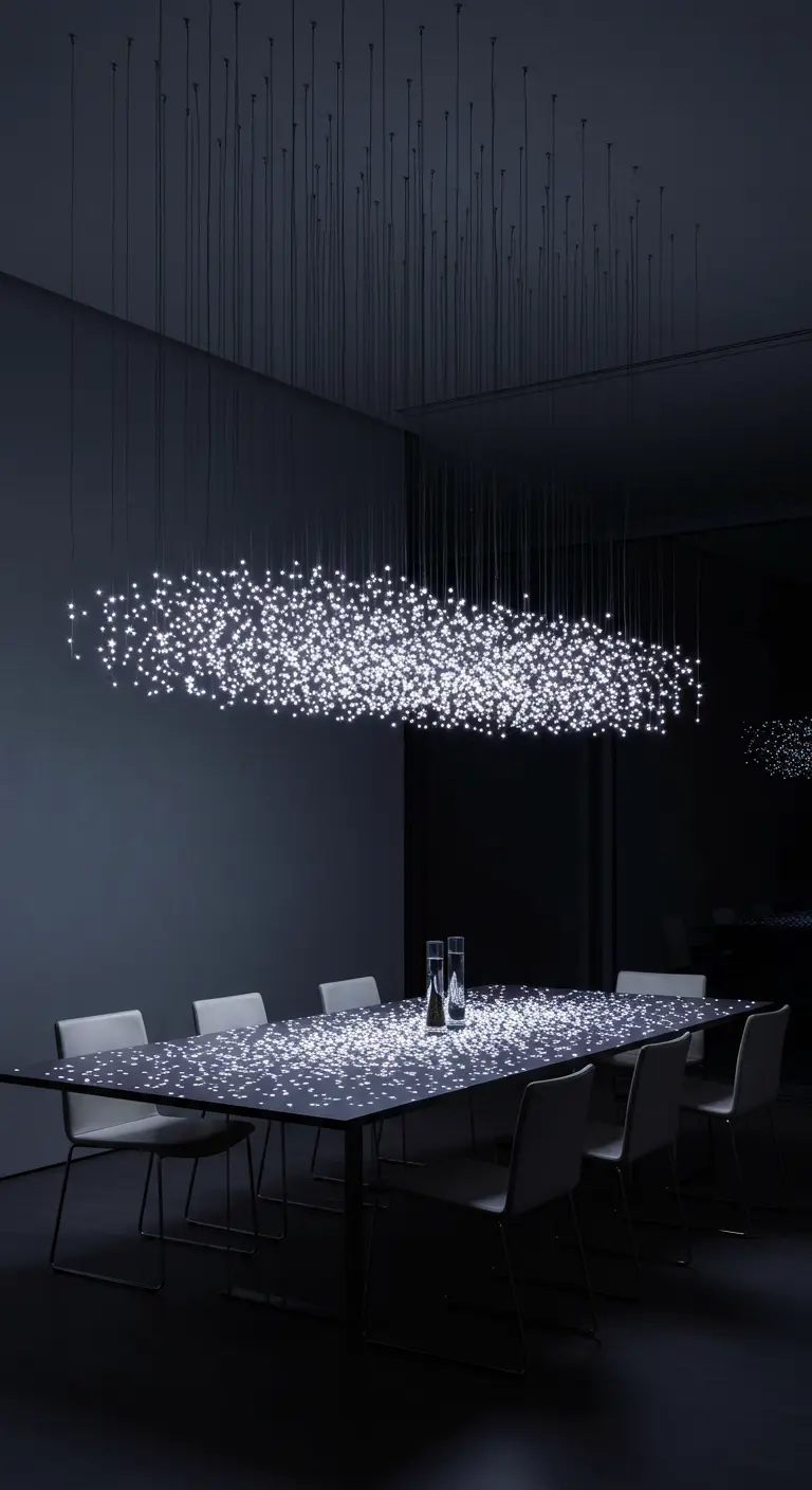 Donkere eetkamer met een grote, rechthoekige lichtinstallatie die lijkt op een sterrennevel.