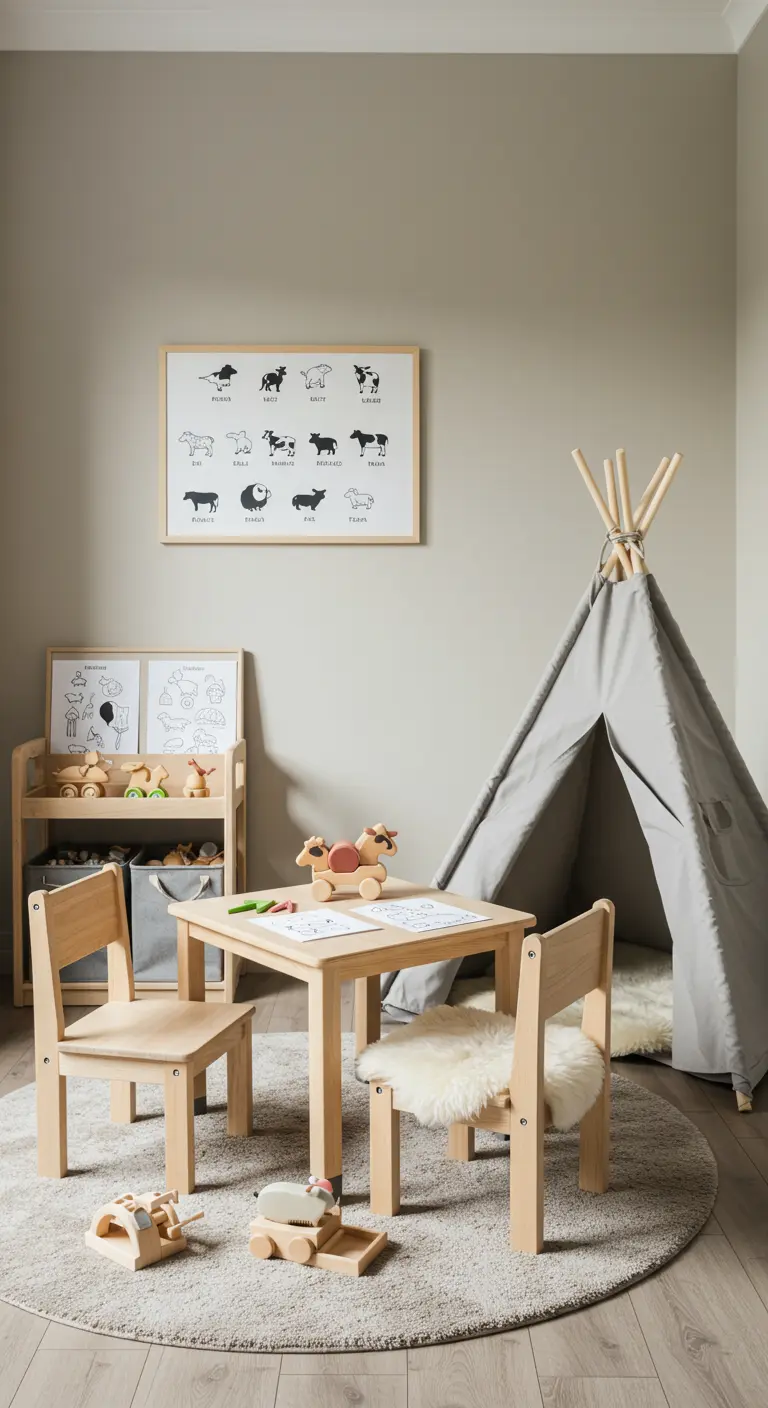 Kinderhoek met een houten tafeltje, stoeltjes en een grijze tipi.