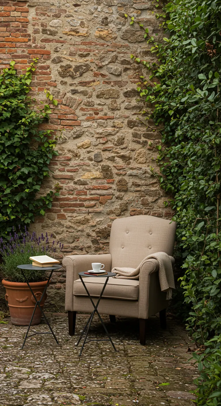 Comfortabele fauteuil in een rustig tuinhoekje tegen een oude stenen muur.