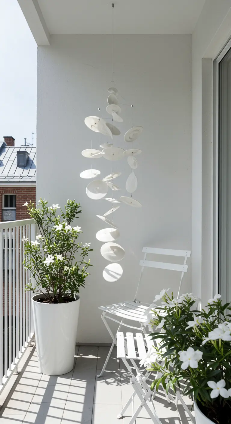 Witte keramische mobiel met ronde schijfjes hangt op een minimalistisch wit balkon.