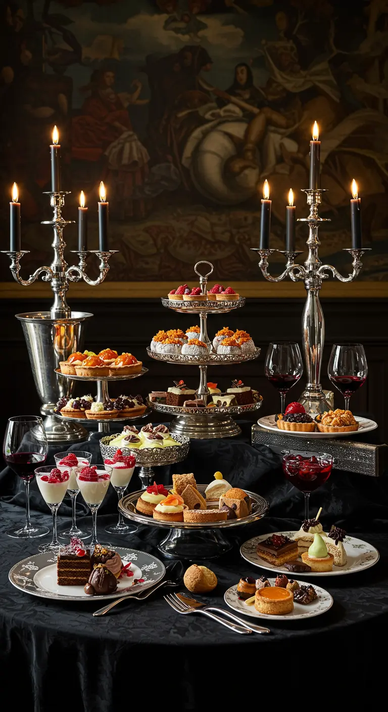 Luxe desserttafel met zilveren etagères, zwarte kaarsen en diverse soorten patisserie en rode wijn.