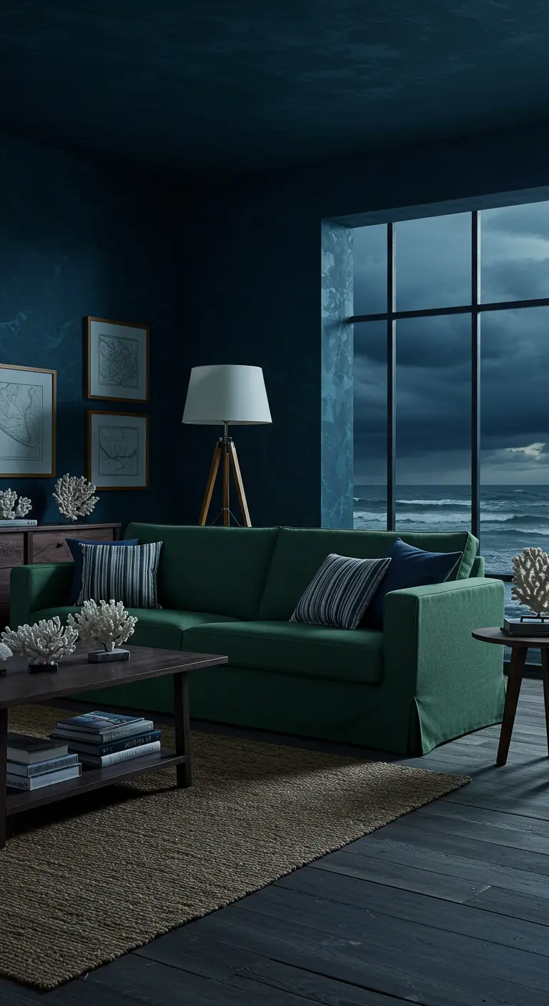 Nautische woonkamer met donkerblauwe muren, een groene bank en uitzicht op een stormachtige zee.