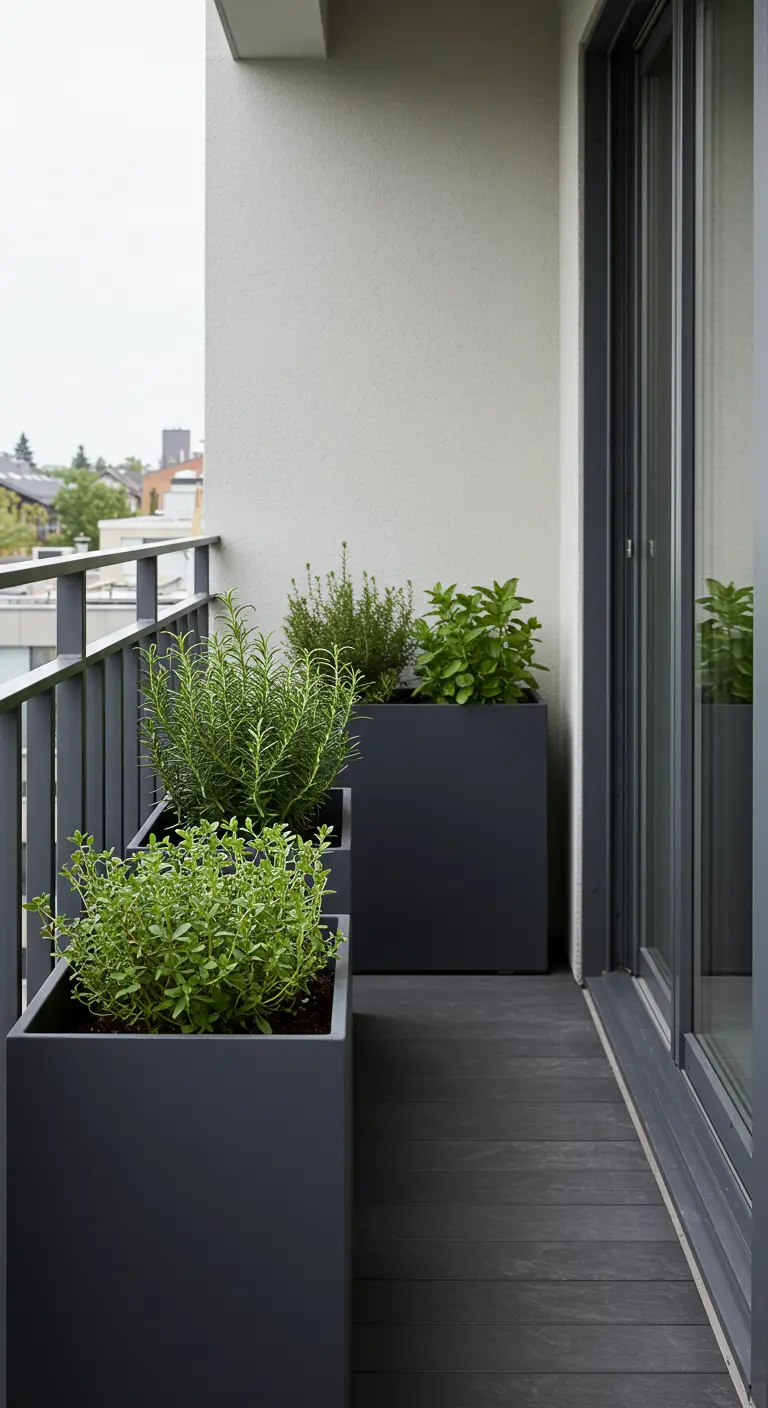 Moderne, strakke plantenbakken met kruiden op een smal balkon.