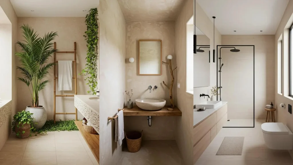 Lichte zandkleurige badkamers met een strandgevoel door natuurlijke materialen en groene planten.