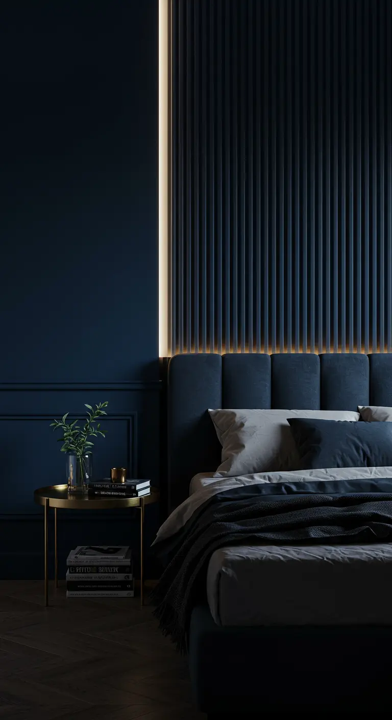 Donkerblauwe slaapkamer met een lattenwand die verticaal wordt verlicht door een LED-strip naast het bed.