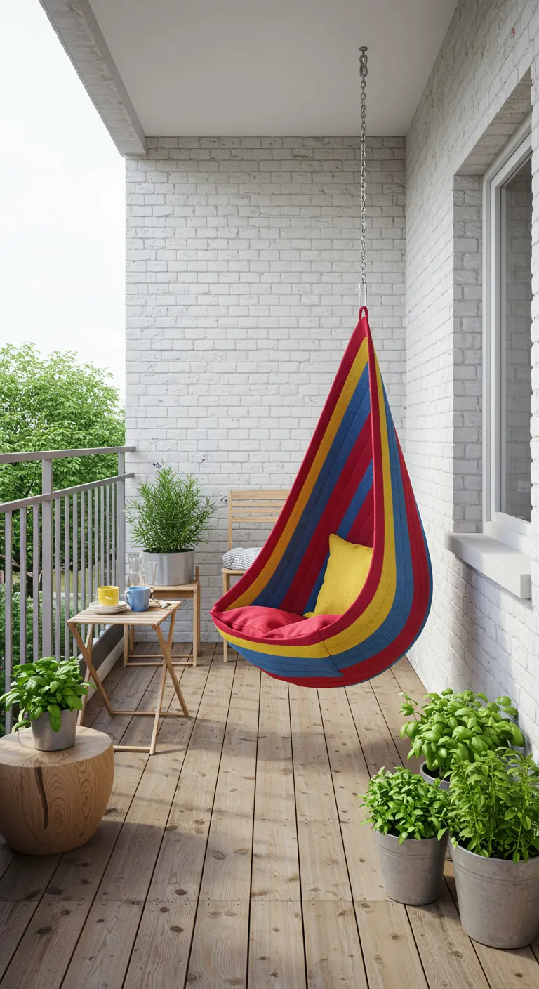Gestreepte hangstoel in rood, blauw en geel op een knus balkon.