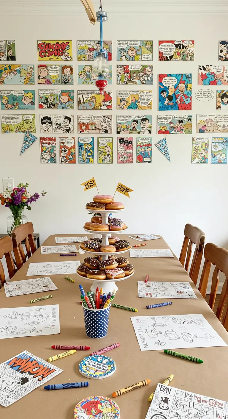 Feesttafel met donuts en kleurplaten, met een achterwand beplakt met stripboekpagina's.