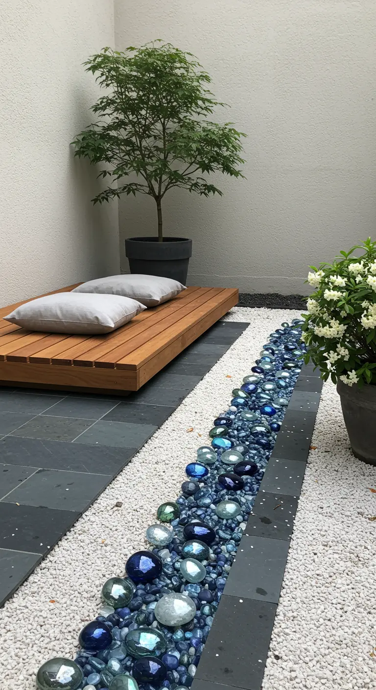 Minimalistische tuin met een stroom van blauwe glazen keien, witte kiezels en een houten vlonder.
