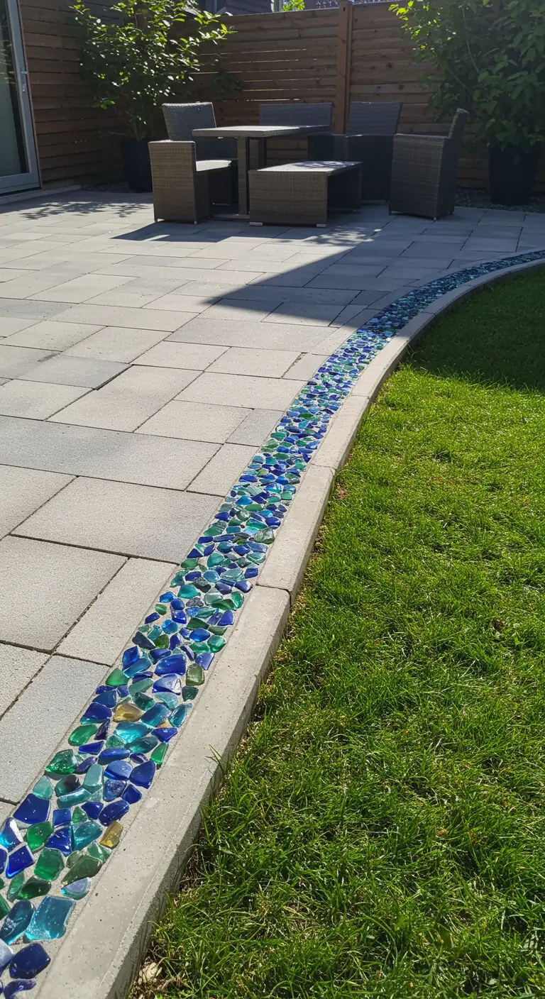 Gebogen betonnen border tussen terras en gras, met een goot gevuld met blauw glasgruis.