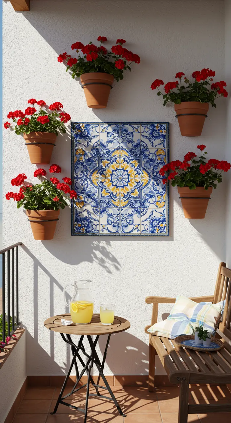 Wit balkon met een groot Portugees tegelkunstwerk en rode geraniums.