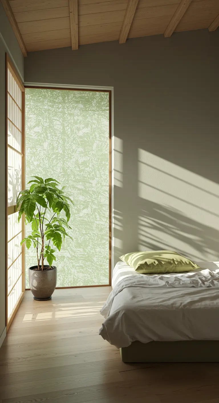 Slaapkamer met een shoji-schuifdeur met een lichtgroene botanische print, en een bijpassend groen kussen op het bed.
