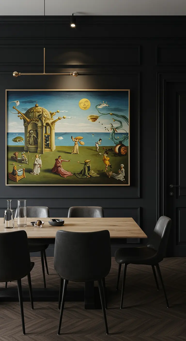 Donkere, sfeervolle eetkamer met een groot surrealistisch schilderij aan de muur.