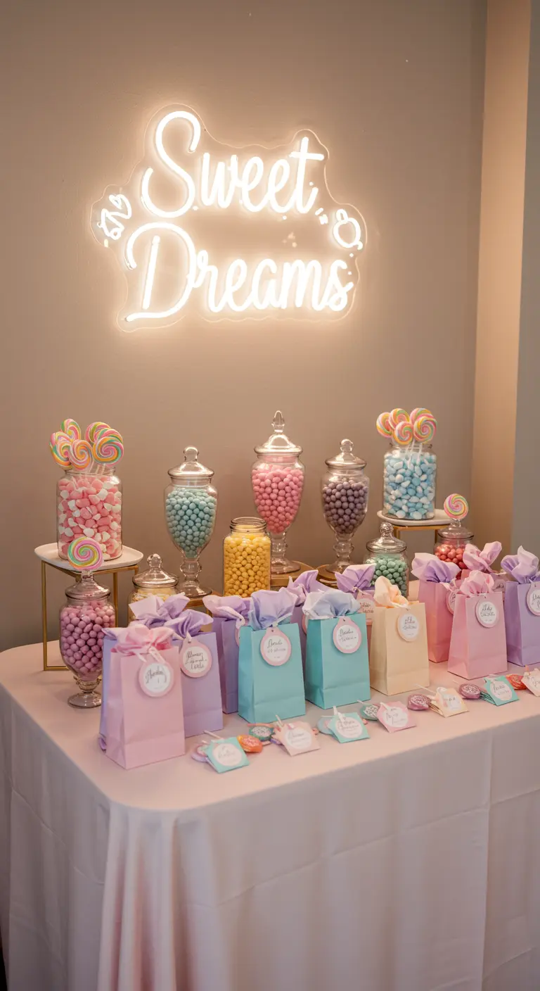 Tafel met pastelkleurige goodiebags en een neonbord 'Sweet Dreams'.