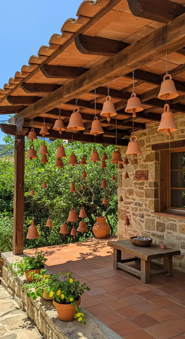 Tientallen terracotta kleibellen hangen aan de houten balken van een pergola.