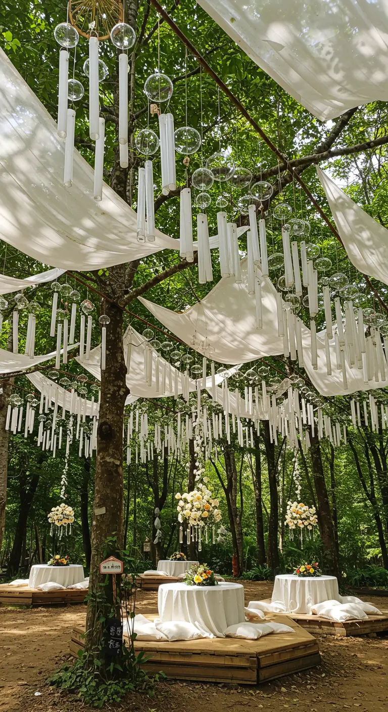 Witte doeken en windgongen hangen tussen bomen boven loungetafels.
