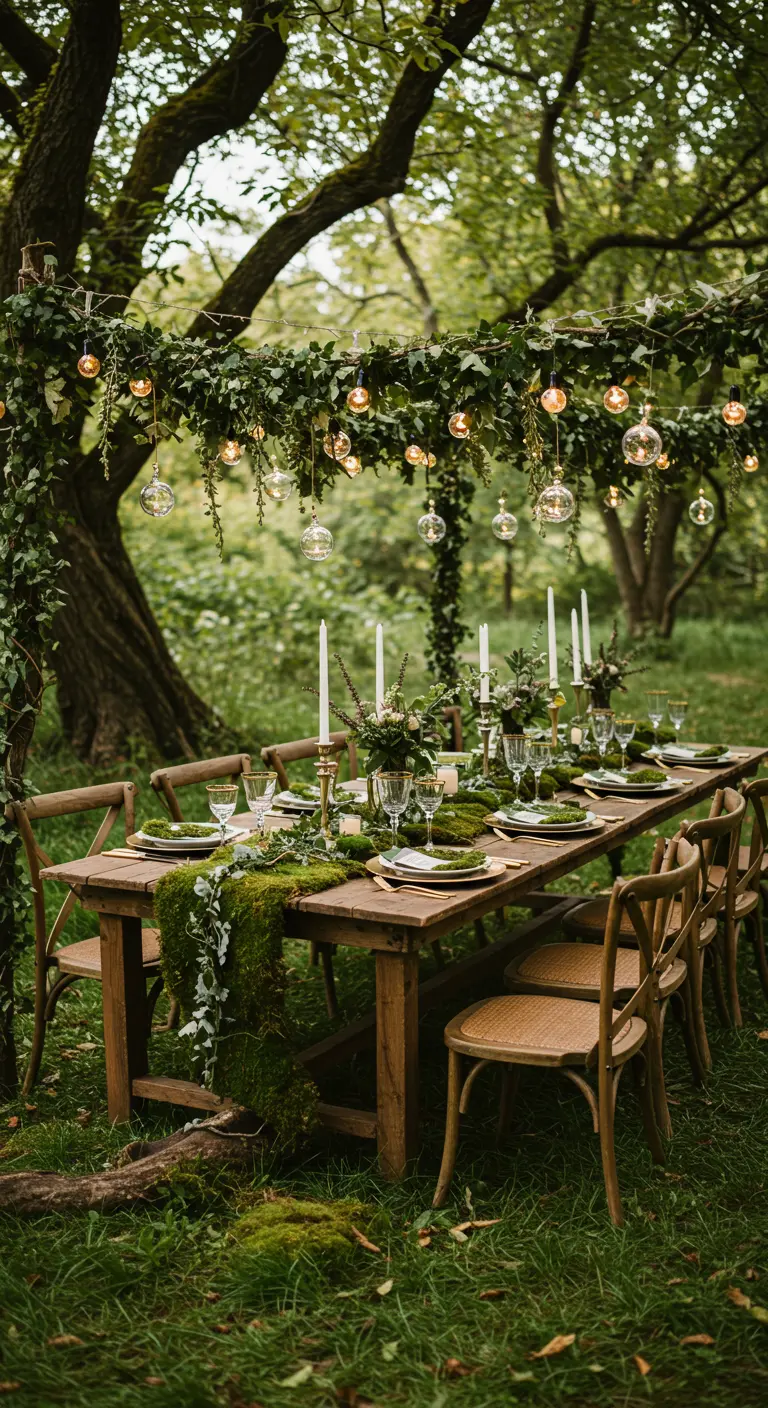 Lange houten tafel gedekt in een bos met mos en hangende lichtjes.