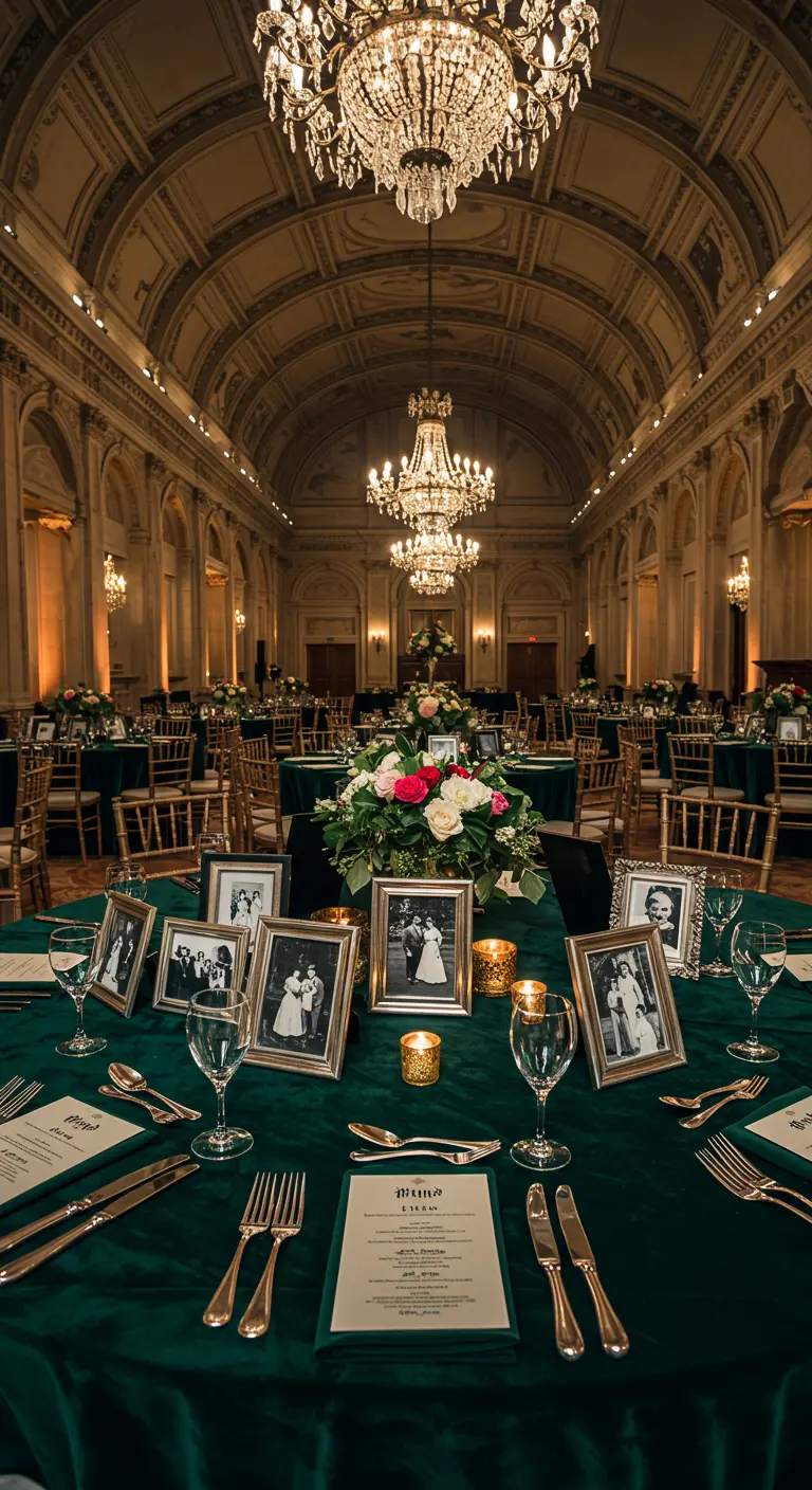 Ronde tafel met diepgroen laken, omringd door ingelijste zwart-wit familiefoto's.