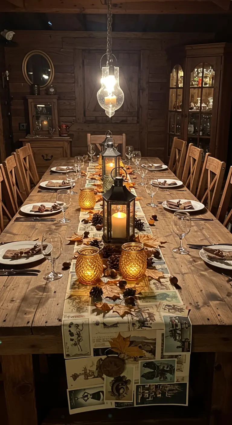 Lange houten eettafel met een loper gemaakt van oude kaarten en brieven, versierd met kaarsen.