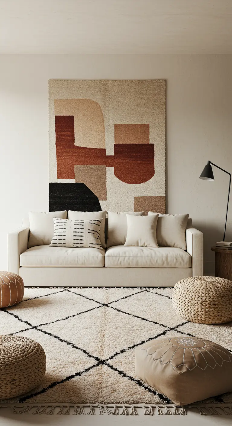 Lichte woonkamer met een groot, abstract wandtapijt in aardetinten boven de bank.