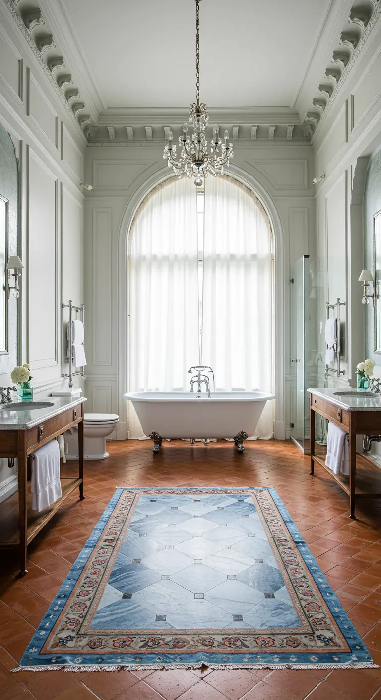 Klassieke, ruime badkamer met een groot Perzisch tapijt over de terracotta tegelvloer.
