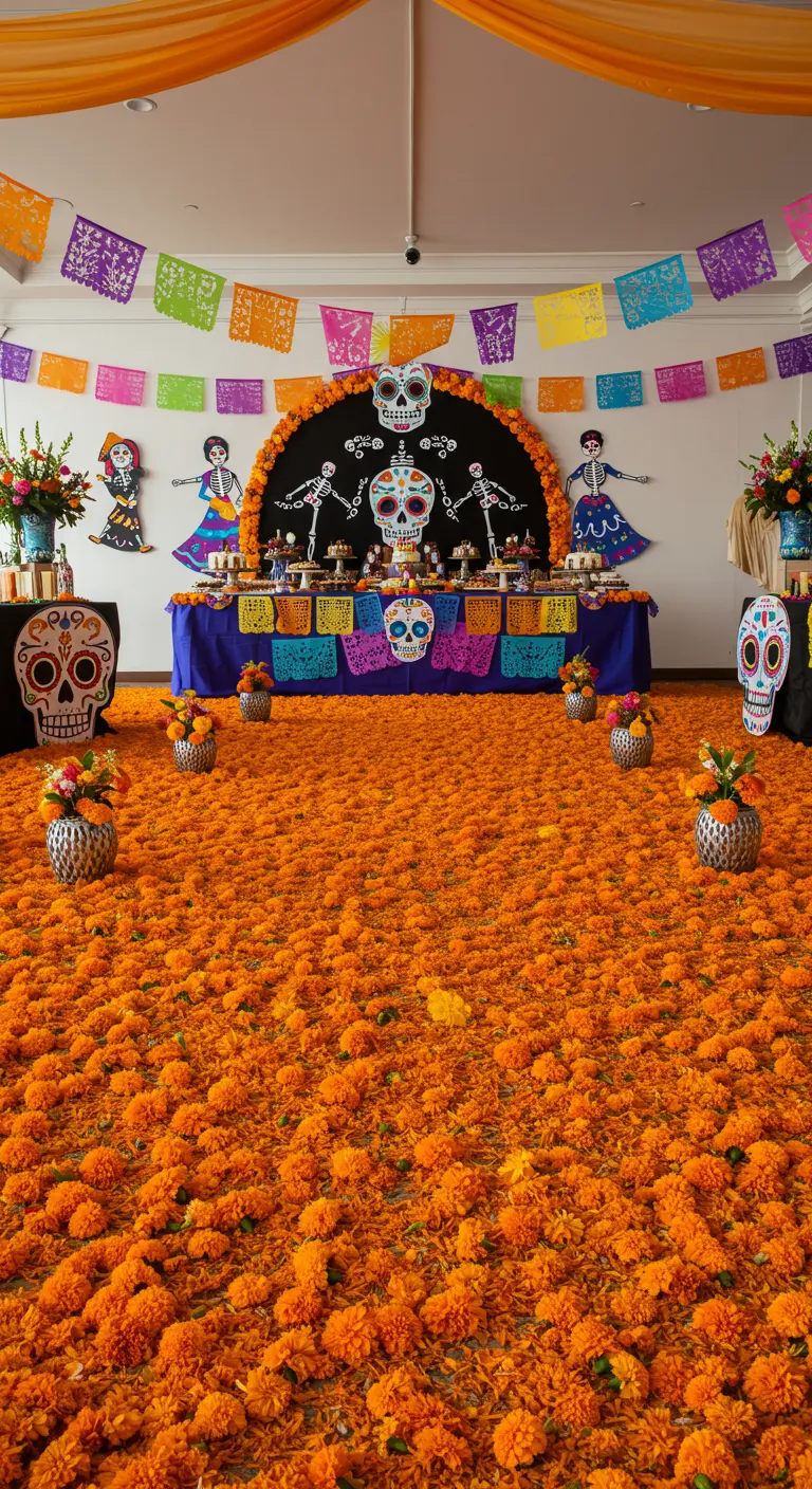Feestruimte met een vloer volledig bedekt met oranje goudsbloemen.