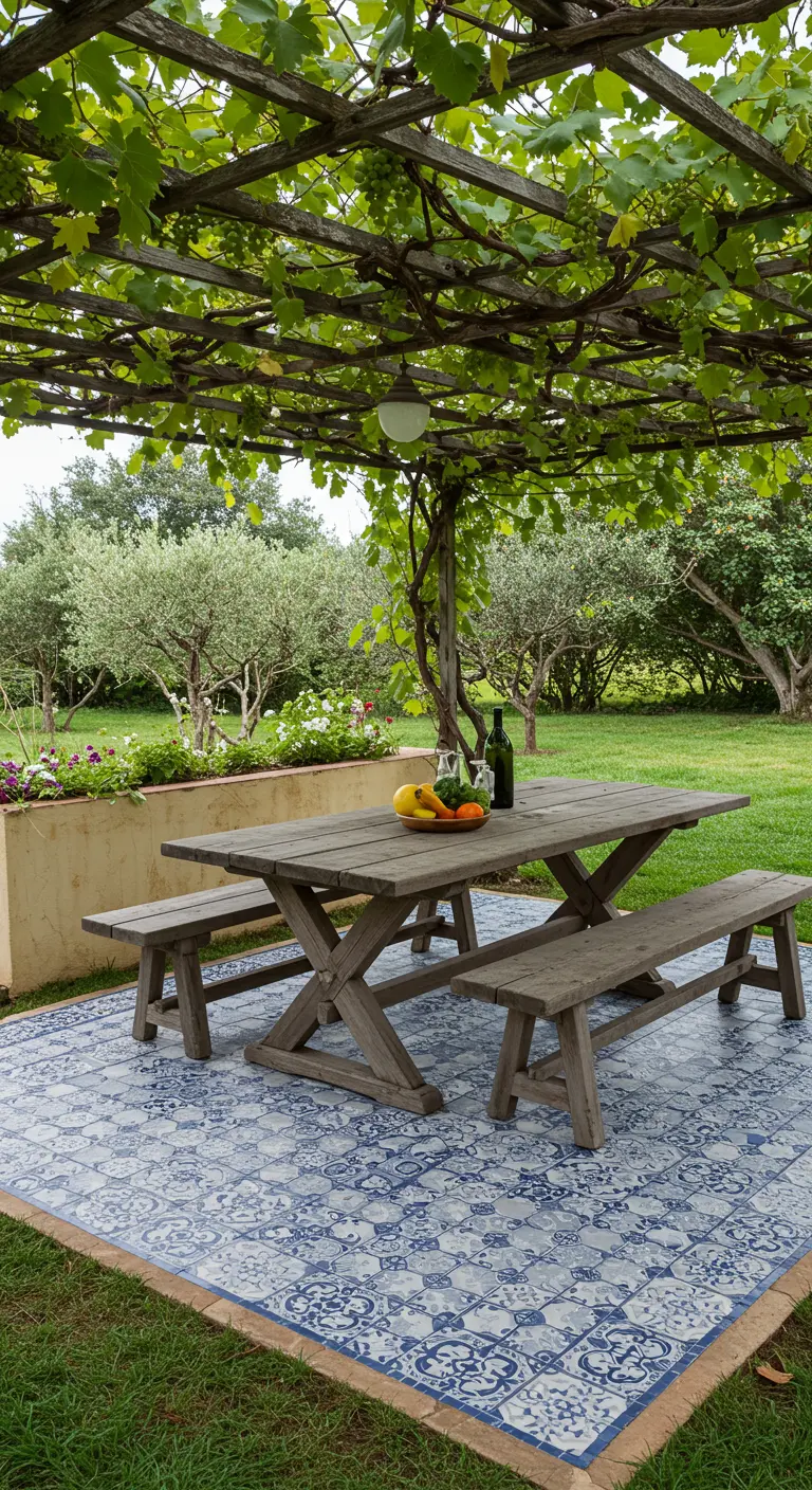 Grasveld met een rechthoekig 'kleed' van blauw-witte mozaïektegels waarop een houten picknicktafel staat.