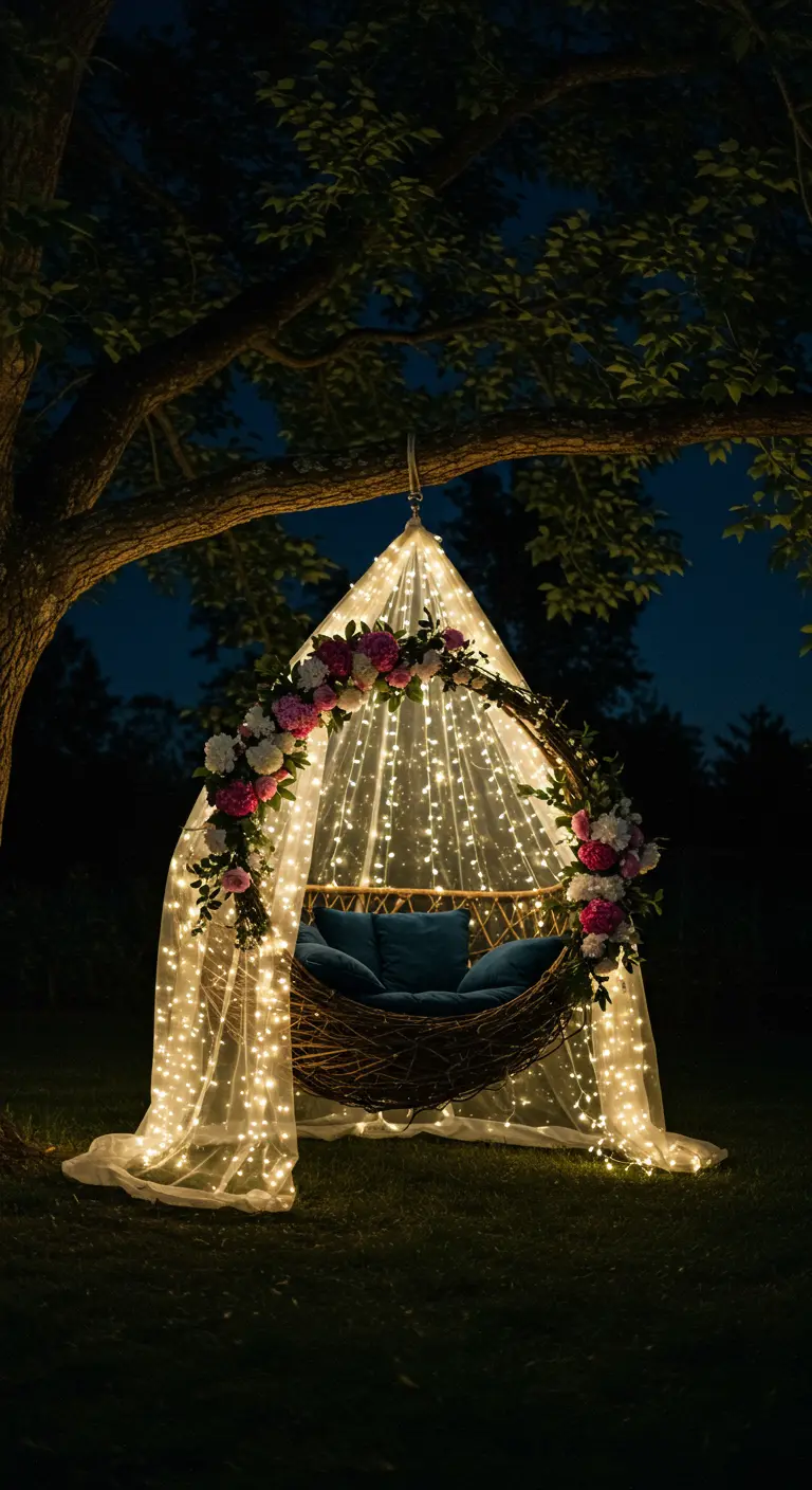 Rotan hangstoel onder een boom, omhuld door een tent van tule met duizenden lichtjes.