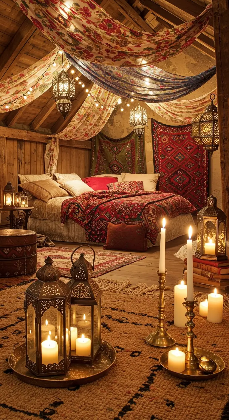 Bohemian zolderkamer gedecoreerd met doeken aan het plafond, lichtslingers en Marokkaanse lantaarns.