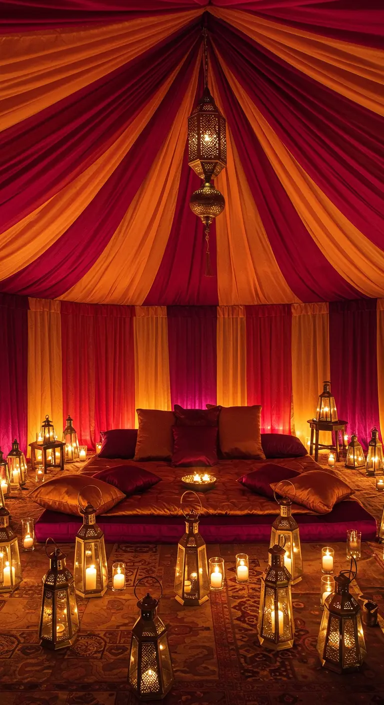 Tentachtige slaapkamer met roze en oranje gedrapeerde stoffen en veel lantaarns.
