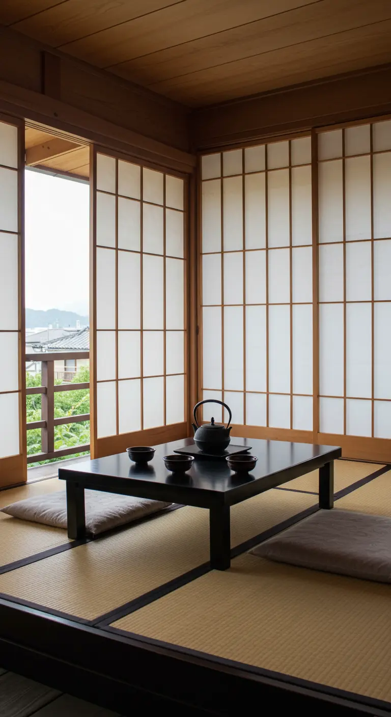 Traditionele Japanse ruimte met tatami-matten, lage tafel en shoji-schermen.
