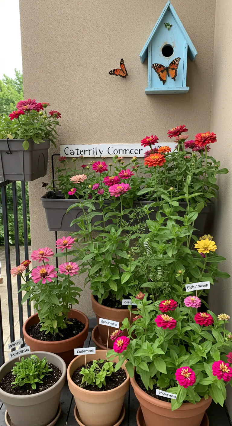 Balkon met kleurrijke Zinnia's in potten en een decoratief blauw vogelhuisje aan de muur.