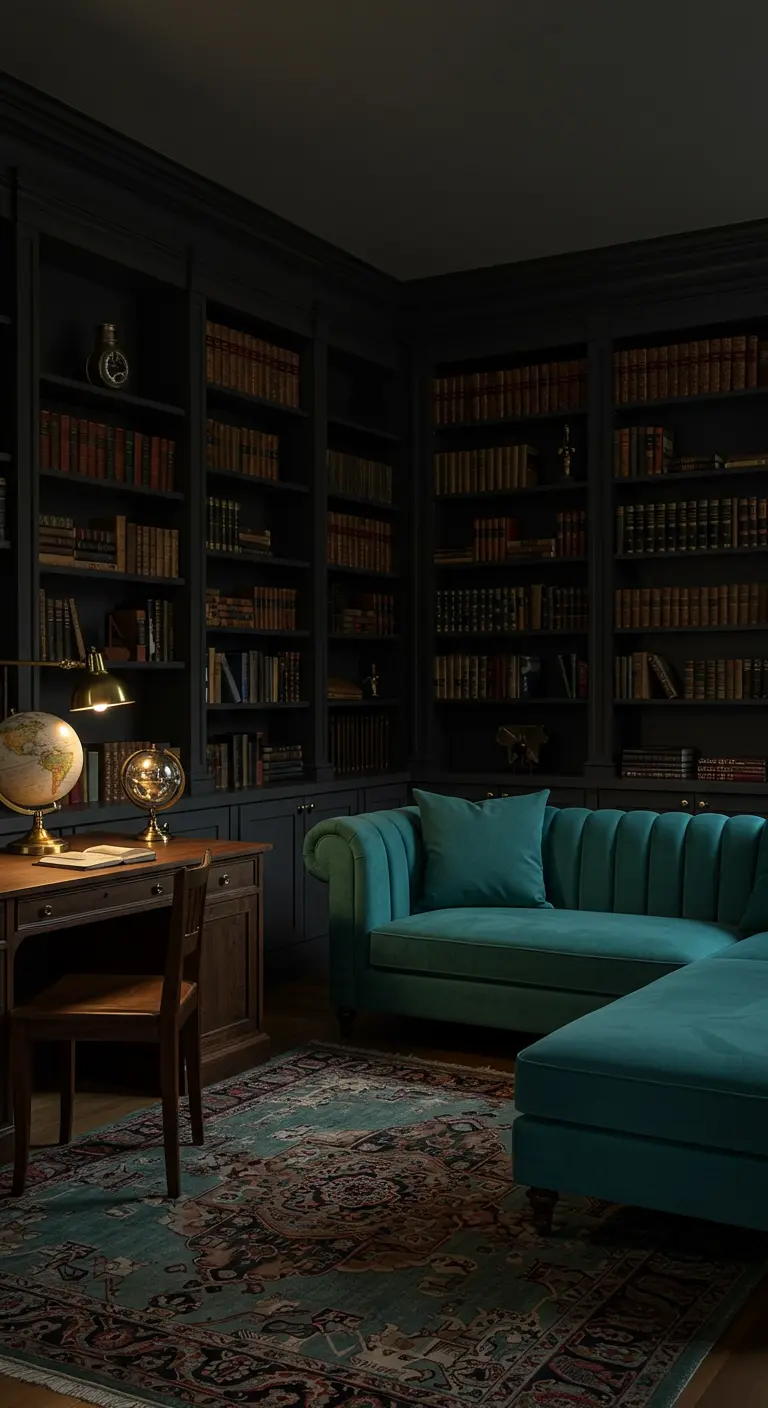 Donkere bibliotheek-woonkamer met een grote turquoise hoekbank en een gouden bureaulamp.