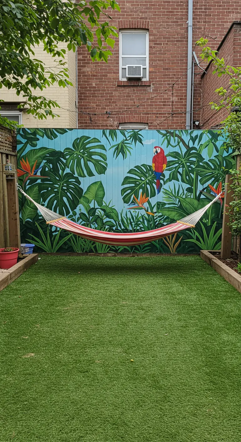 Muurschildering van een jungle met een rode papegaai op een houten schutting achter een hangmat.
