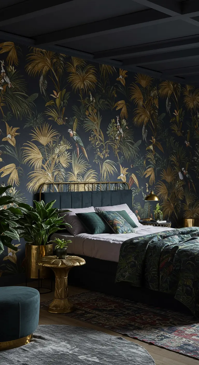 Luxe slaapkamer met donker junglebehang met gouden palmen, een zwart plafond en groene planten.
