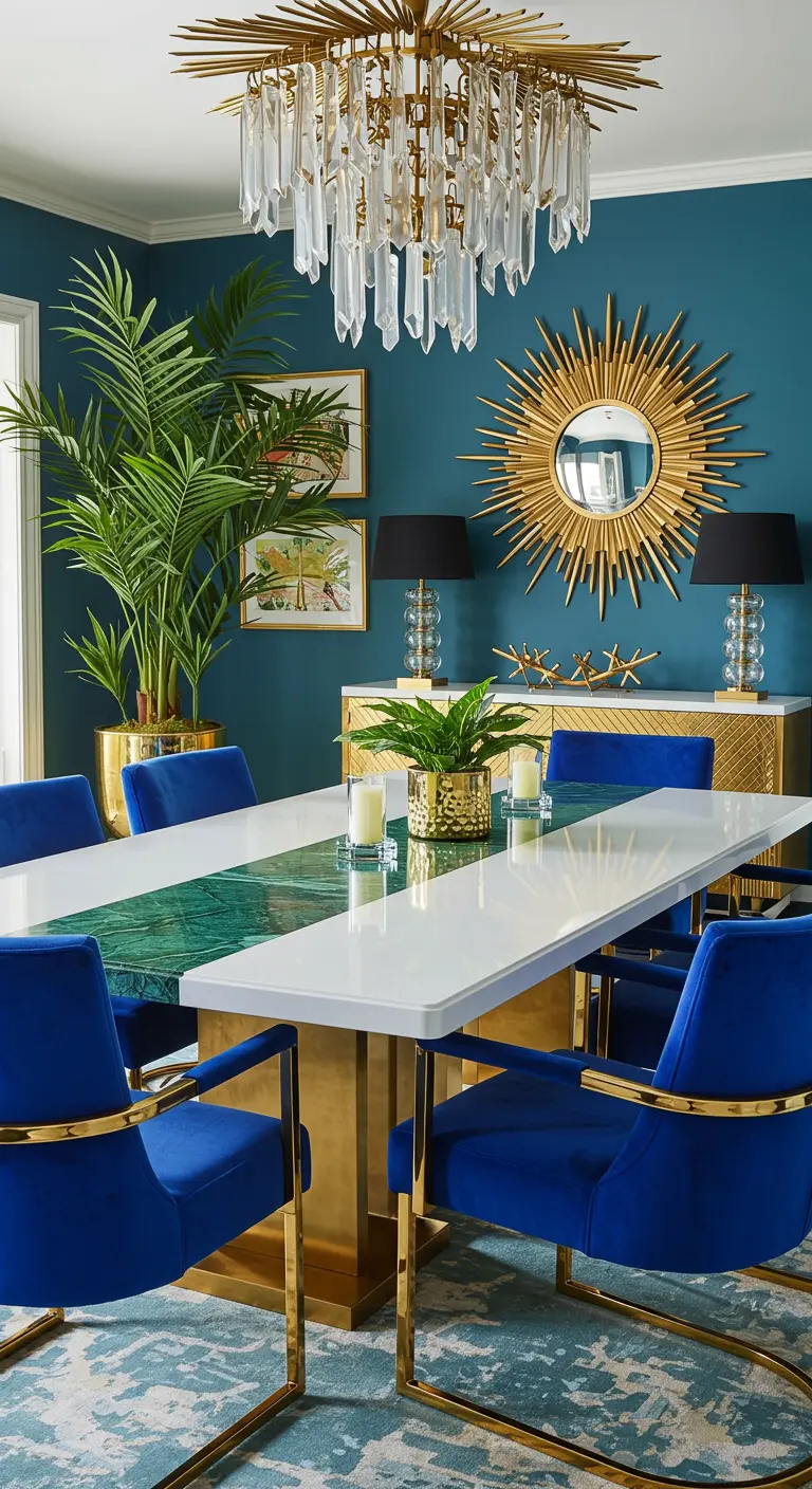 Eclectische eetkamer met diepblauwe muren, koningsblauwe fluwelen stoelen, gouden accenten en een grote kamerpalm.