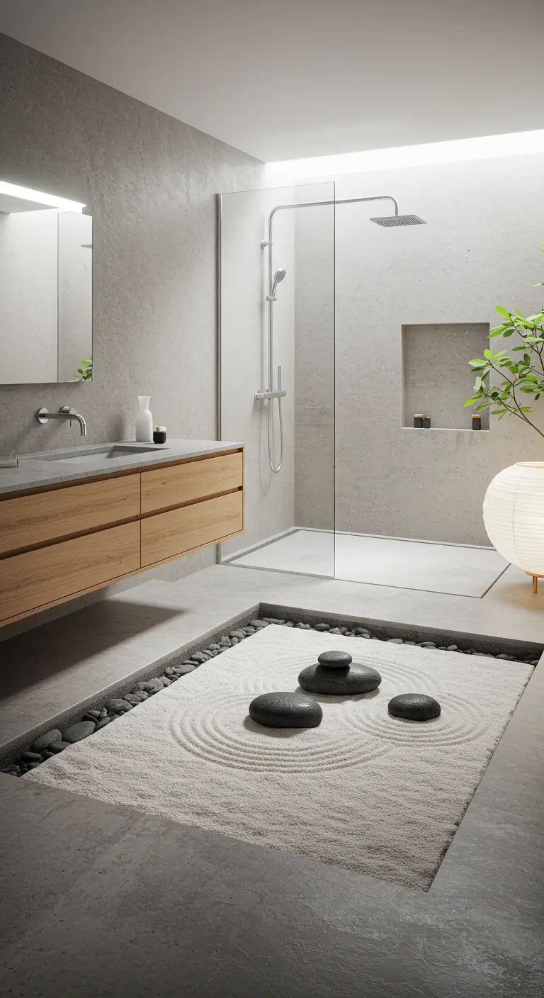 Moderne badkamer met een ingebouwde mini-zen-tuin van zand en stenen op de vloer.