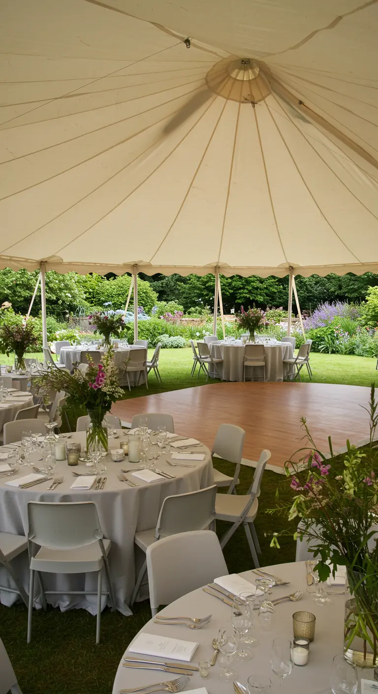 Receptie in een witte tent in een bloeiende tuin, met ronde tafels en veldboeketten.