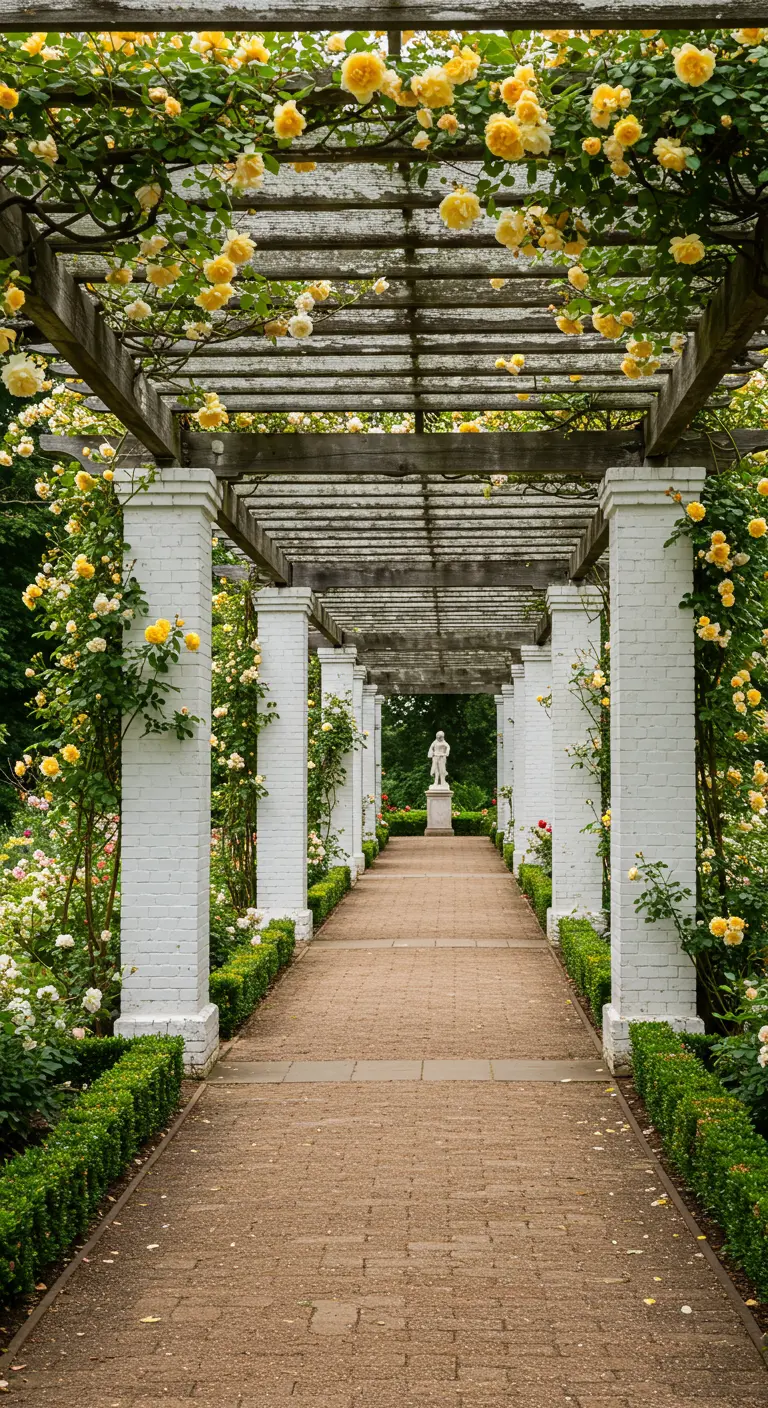 Ronde tuinvijver met stenen randen, omgeven door witte rozen op terrassen en pergola's.
