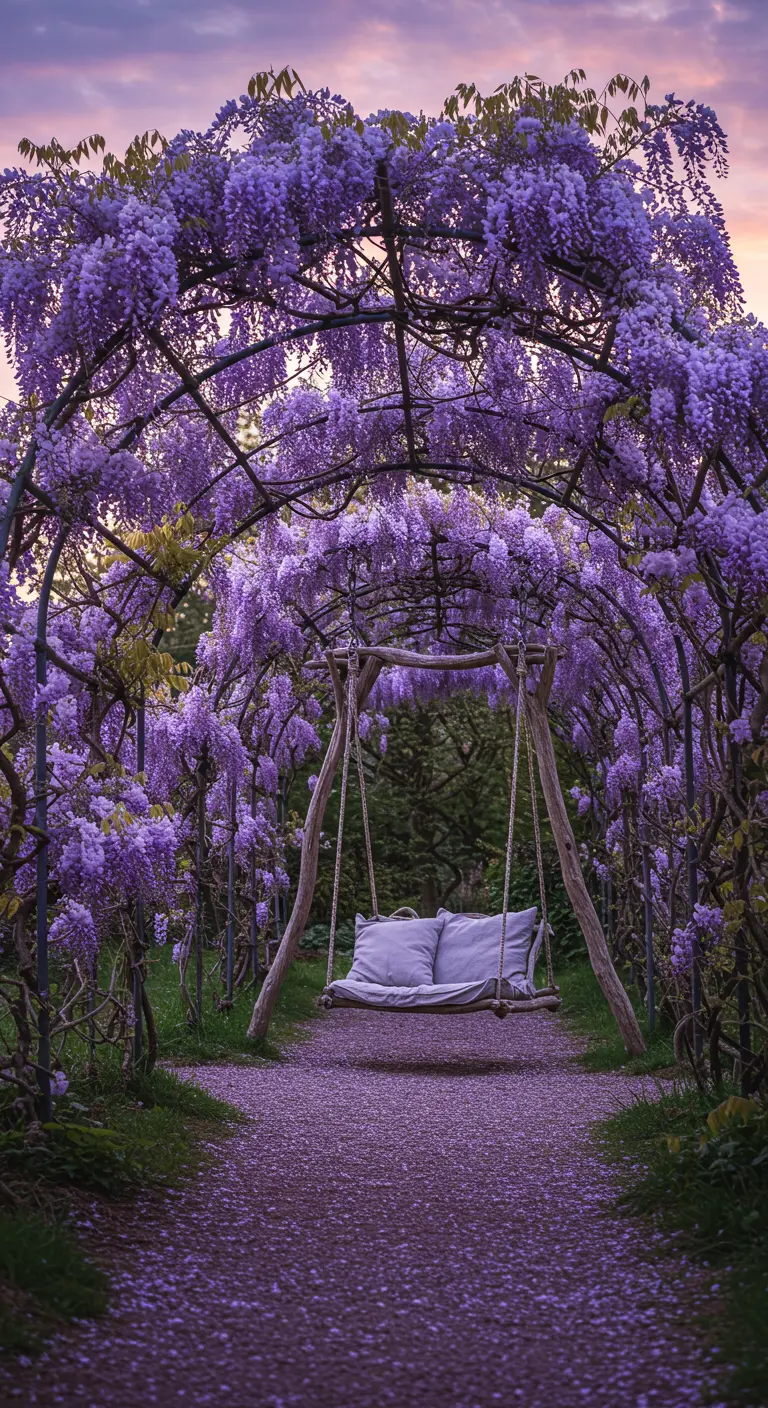 Houten schommelbank onder een tunnel van bloeiende paarse blauweregen (wisteria).