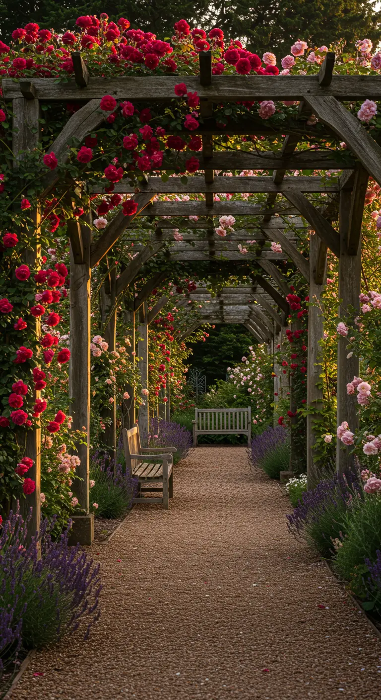 Houten pergola met rode en roze klimrozen en een grindpad met lavendel.