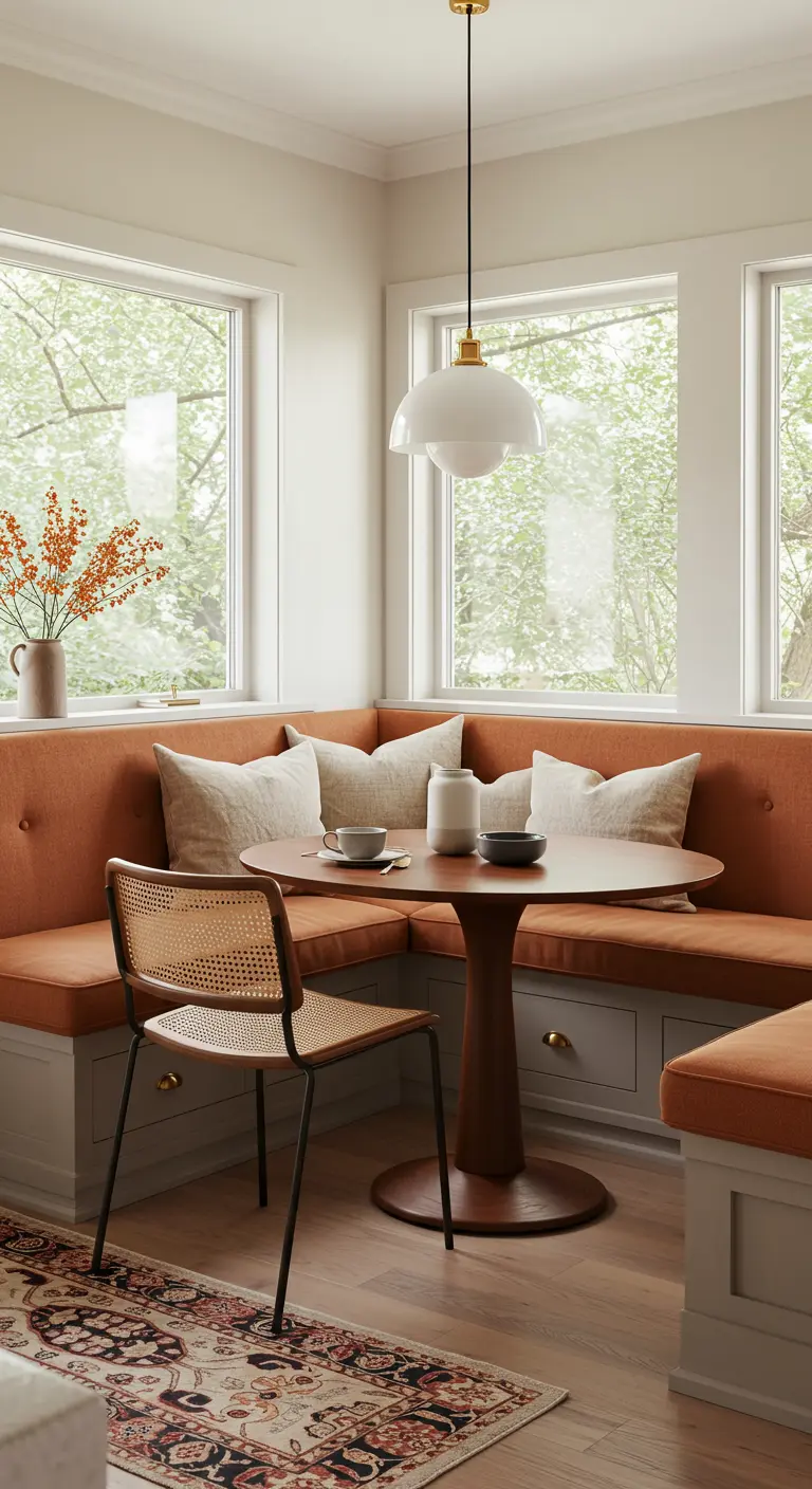 Eethoek met een vaste bank met terracotta-kleurige kussens en een ronde houten tafel.